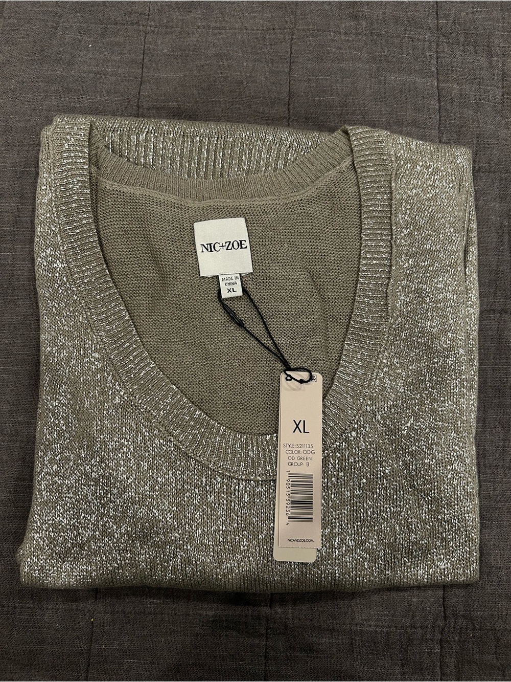 NIC+ZOE Metallic Olive Green Crewneck Sweater